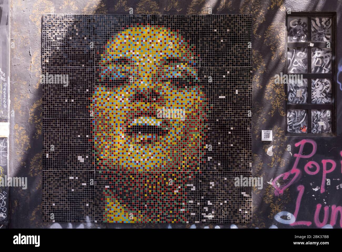 Mosaïque sur un mur de maison dans le quartier de Bellavista, Santiago, Chili Banque D'Images