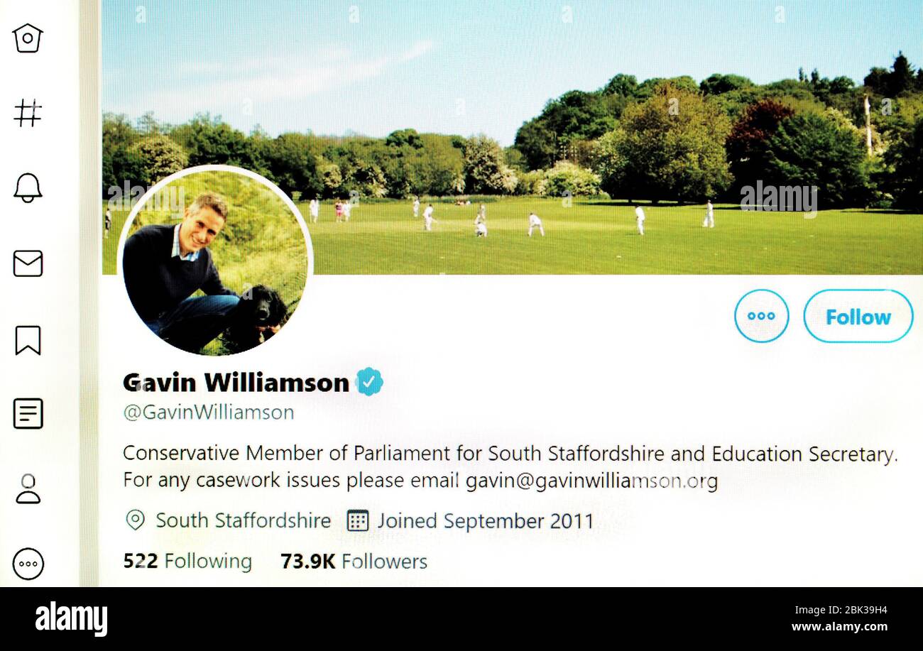 Page Twitter (mai 2020) : Gavin Williamson, Secrétaire à l'éducation Banque D'Images