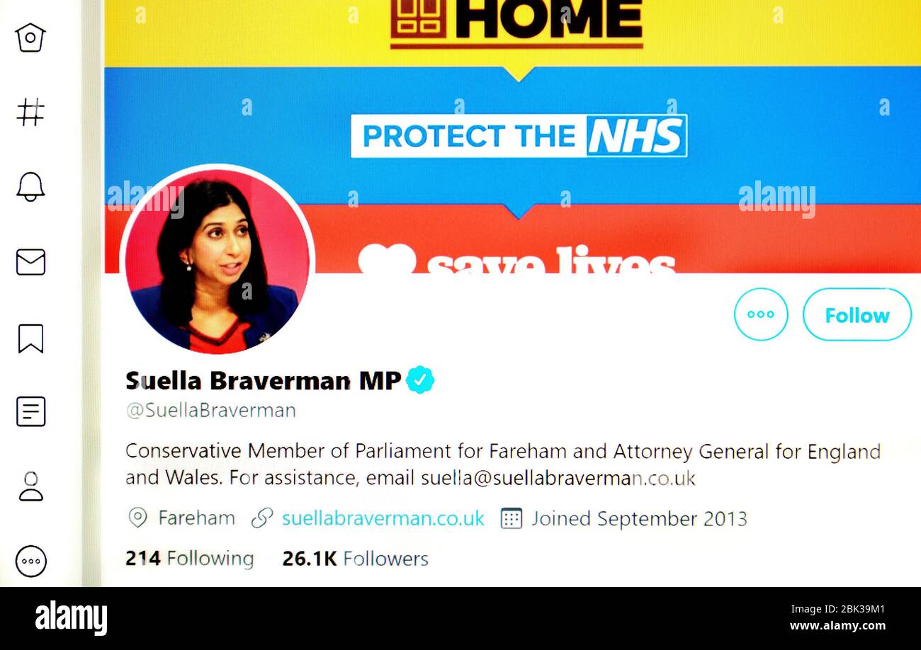 Page Twitter (mai 2020) : Suella Baverman MP, Procureur général Banque D'Images