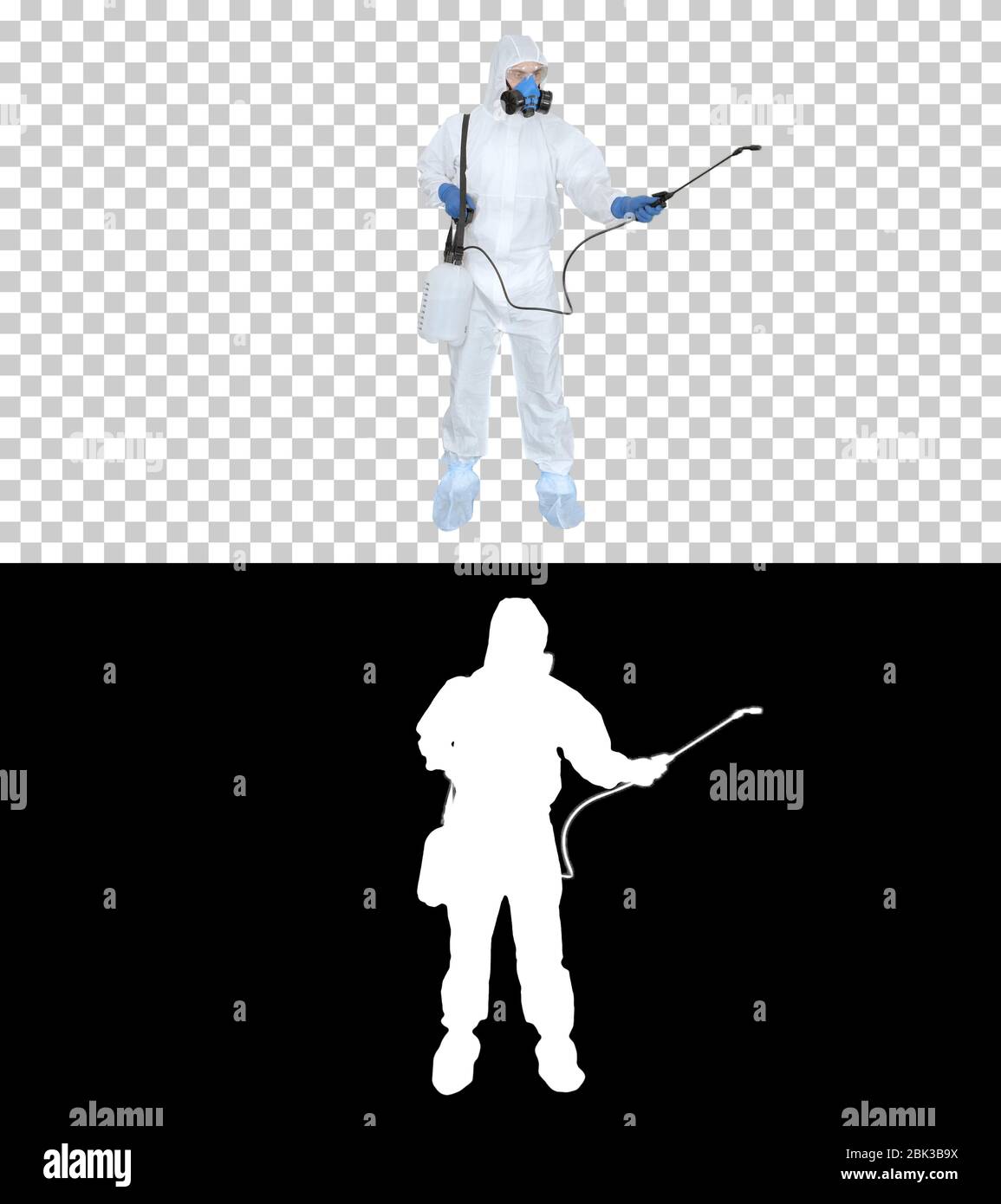 Homme portant un équipement de protection individuelle (epi) NBC, vaporisant de l'eau désinfectante pour éliminer le coronavirus Covid-19, Alpha Channel Banque D'Images