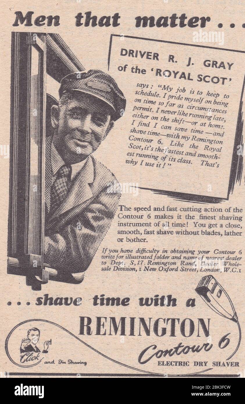 Publicité dans les journaux des années 1950 pour Remington - Men that Matter .. Rave Time with a Remington Contour 6 Electric Dry Shaver. Banque D'Images