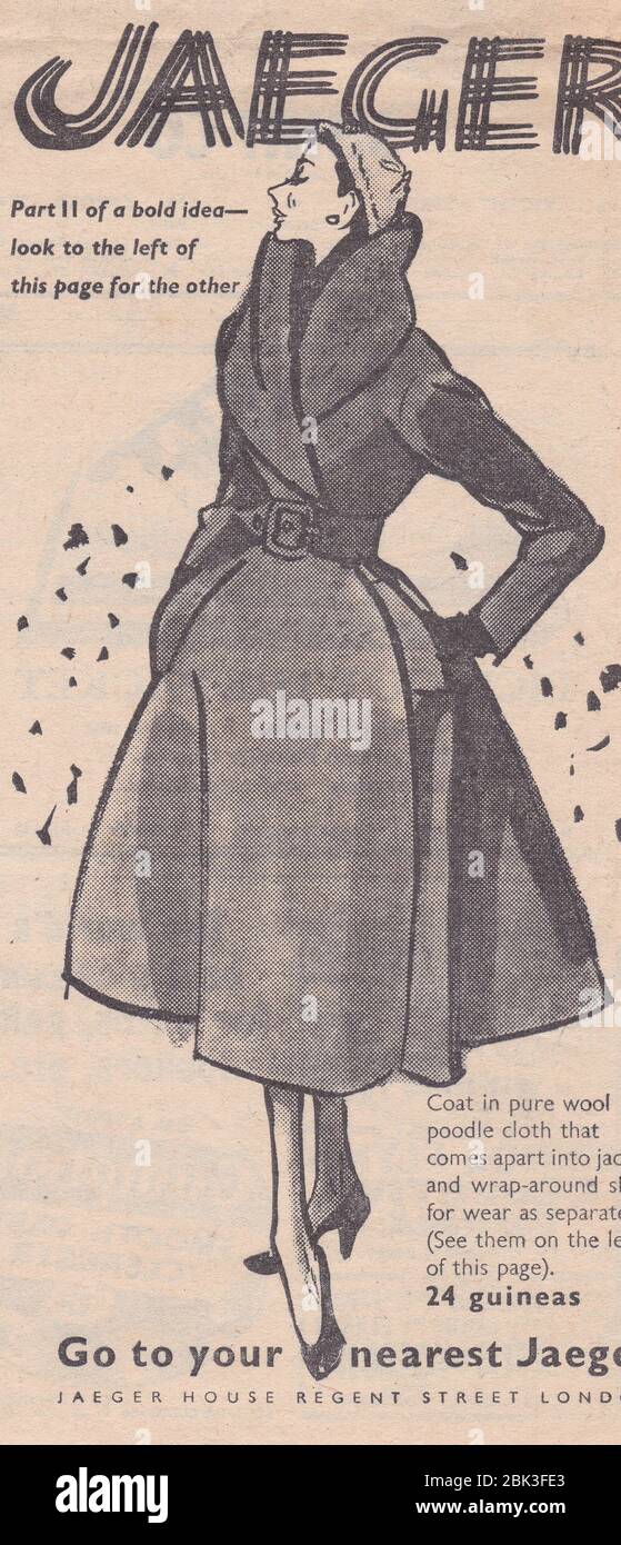 Publicité dans les journaux des années 1950 pour Jaeger - mode des années 1950. Banque D'Images