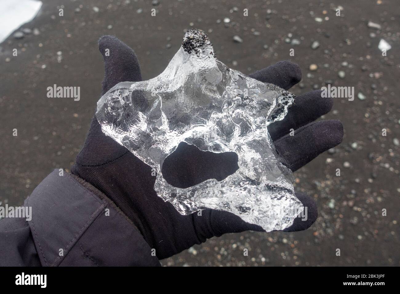 Gros plan sur l'une des nombreuses pièces de glace tenues dans une main gantée, Jökulsárlón plage de diamants, sud de l'Islande. Banque D'Images