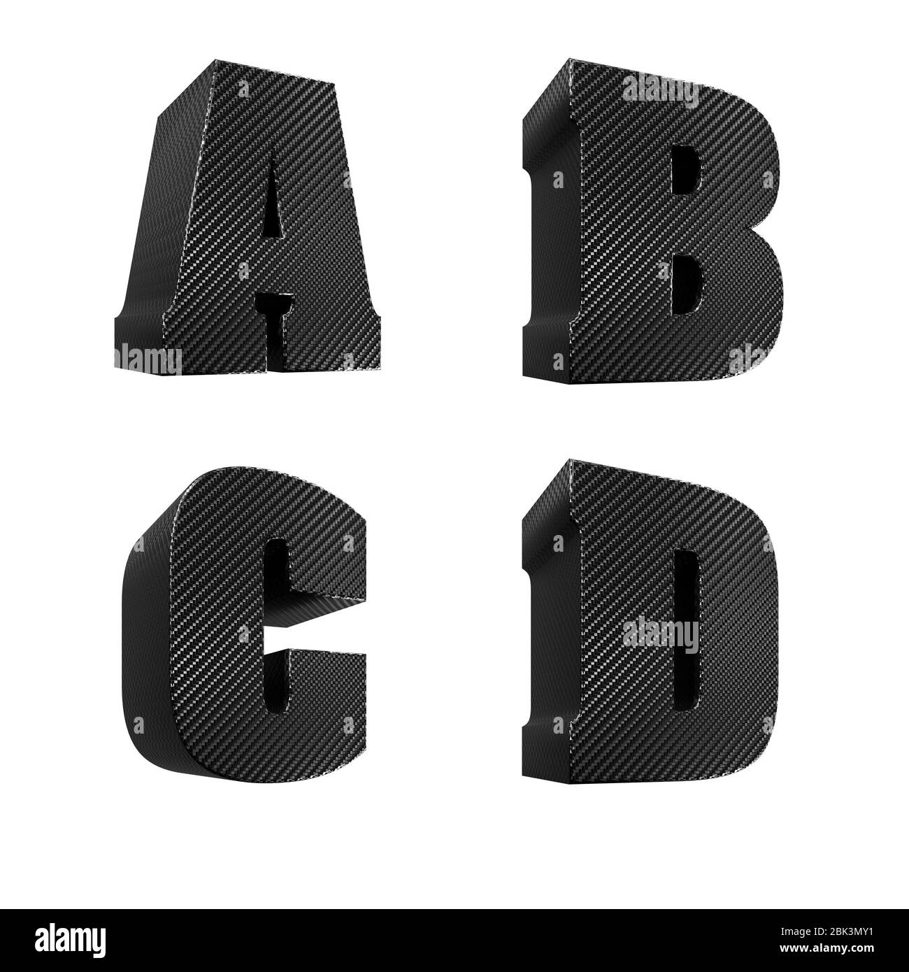 Rendu tridimensionnel de l'alphabet de texture en fibre de carbone noire, lettres A à D. Banque D'Images
