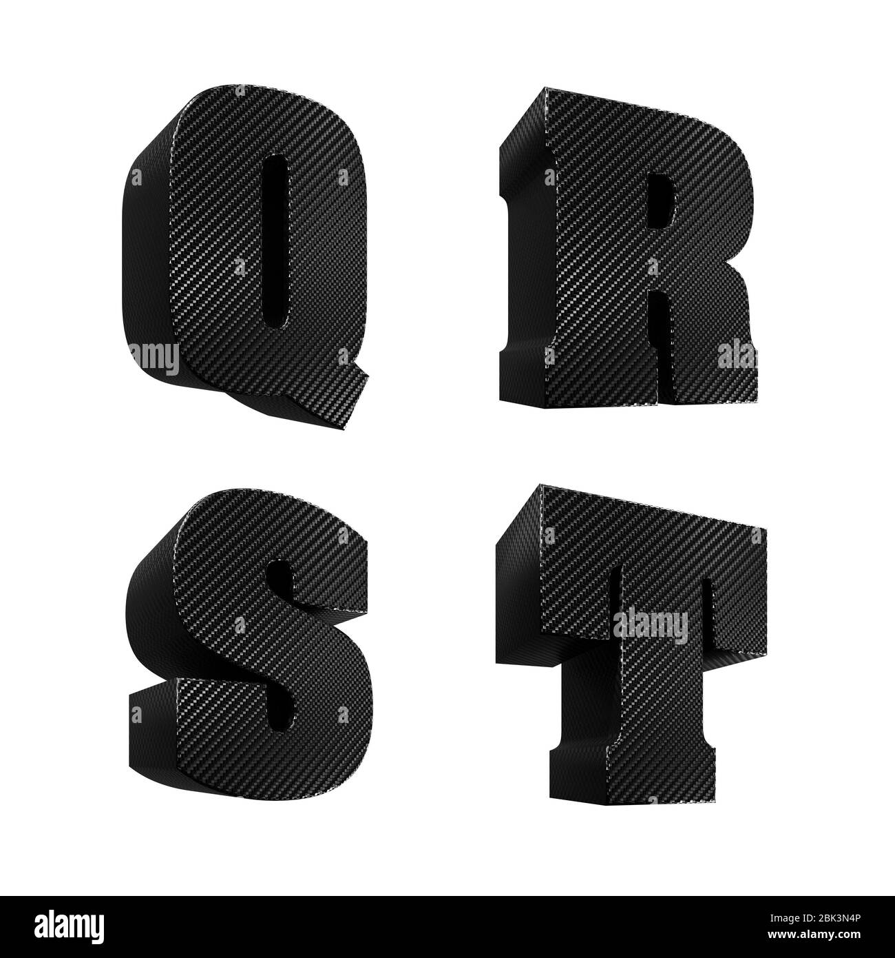 Rendu tridimensionnel de l'alphabet de texture en fibre de carbone noire, lettres Q à T. Banque D'Images