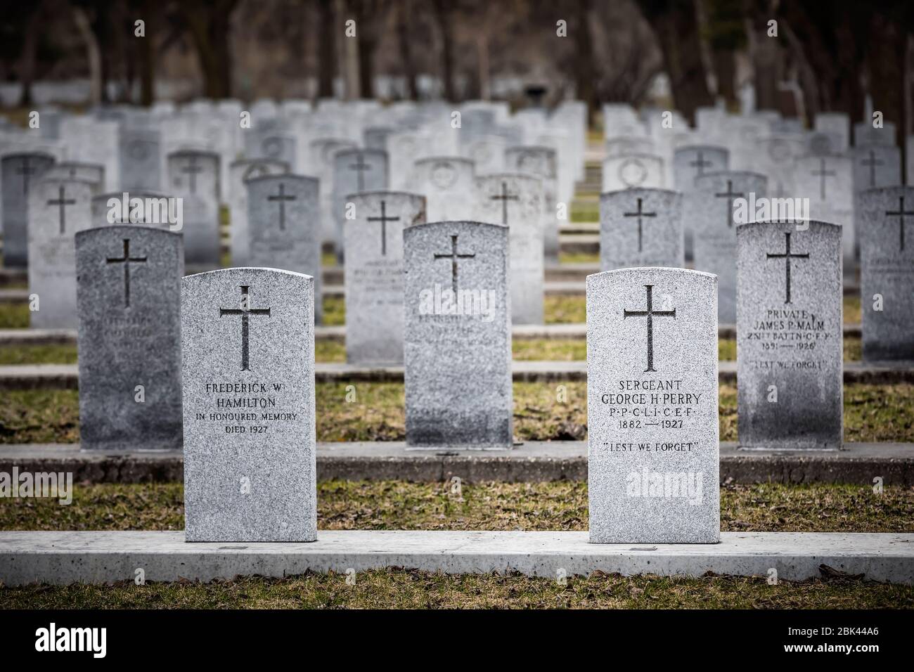 Pierres angulaires militaires dans le domaine de l'honneur, énergie du cimetière Brookside, Winnipeg (Manitoba), Canada. Banque D'Images