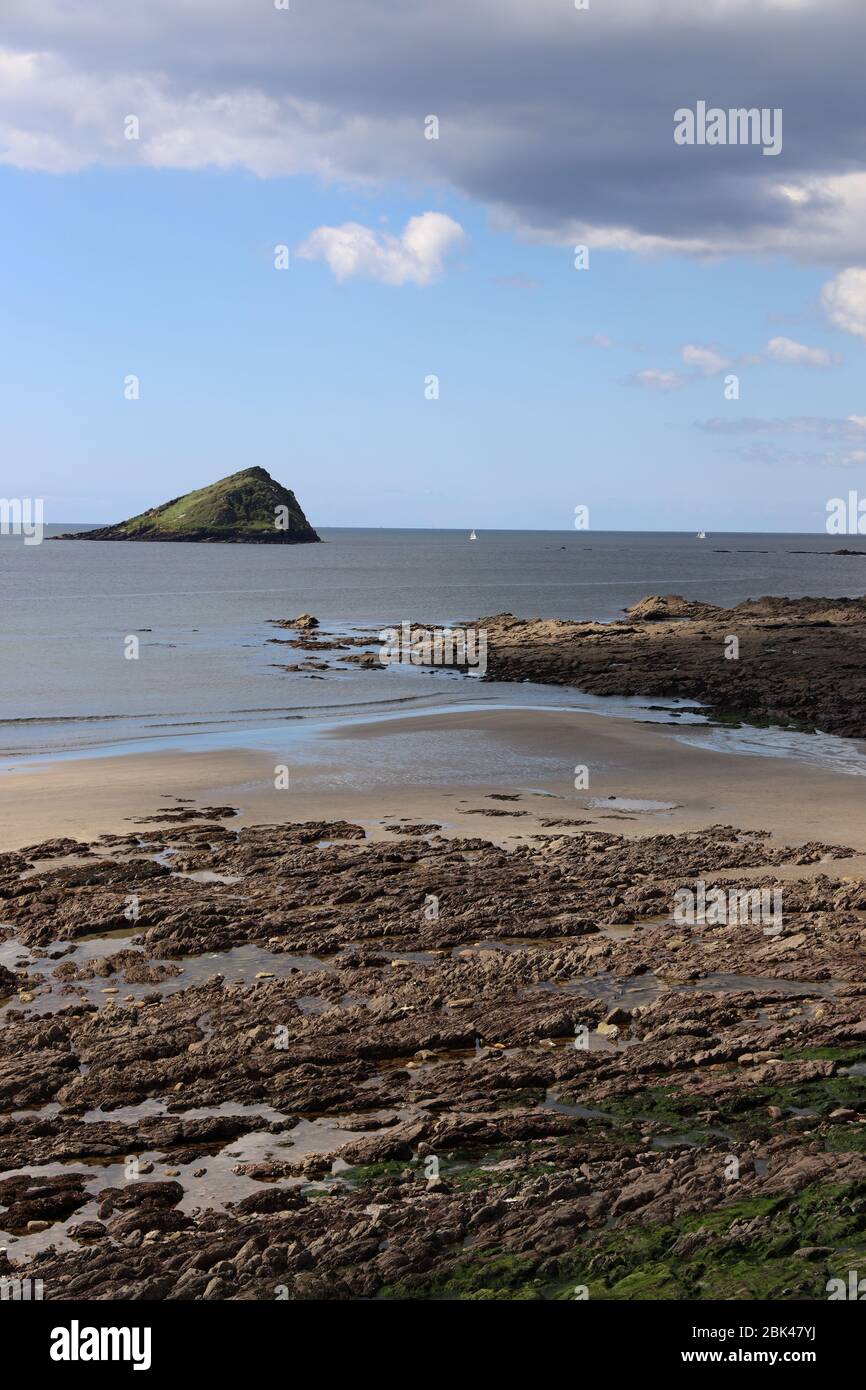 Le Great Mewstone, la plage de Wembury près de Plymouth. Vue de la plage primée de Wembury à la Great Mewstone à marée basse. AONB. Devon Royaume-Uni pas de personnes. Banque D'Images