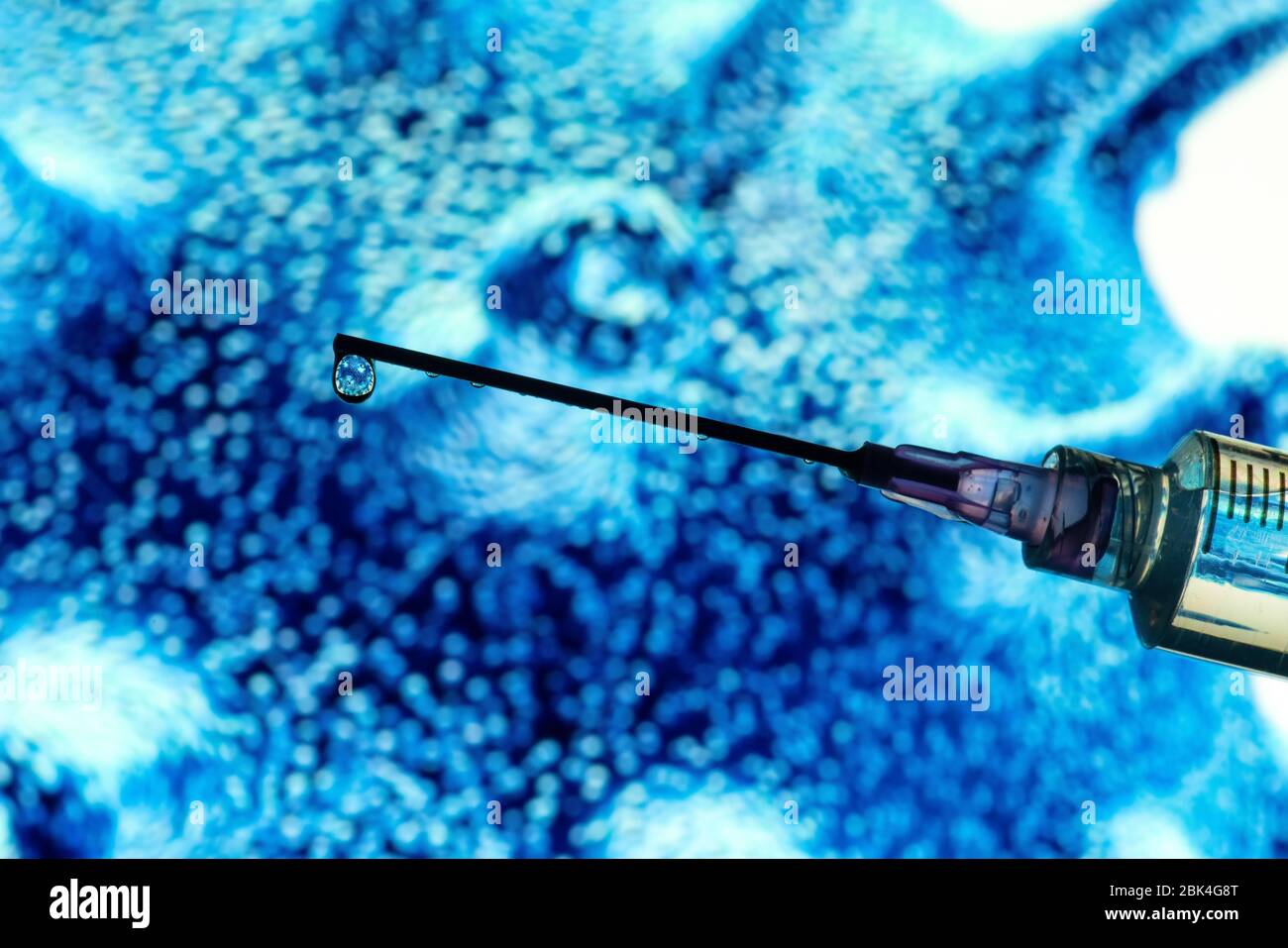 Gros plan des germes, de l'ADN ou des bactéries placés dans une goutte d'eau à l'extrémité de l'aiguille/de la seringue Banque D'Images