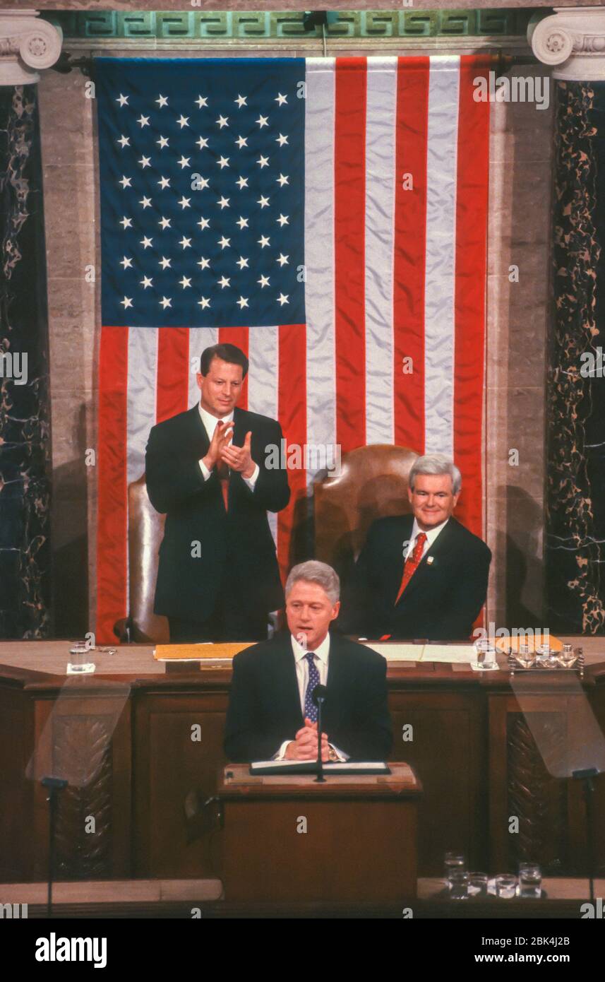 WASHINGTON, DC, USA, 4 FÉVRIER 1997: Le Président Bill Clinton, Etat de l'Union Discours avant la session conjointe du Congrès. Banque D'Images