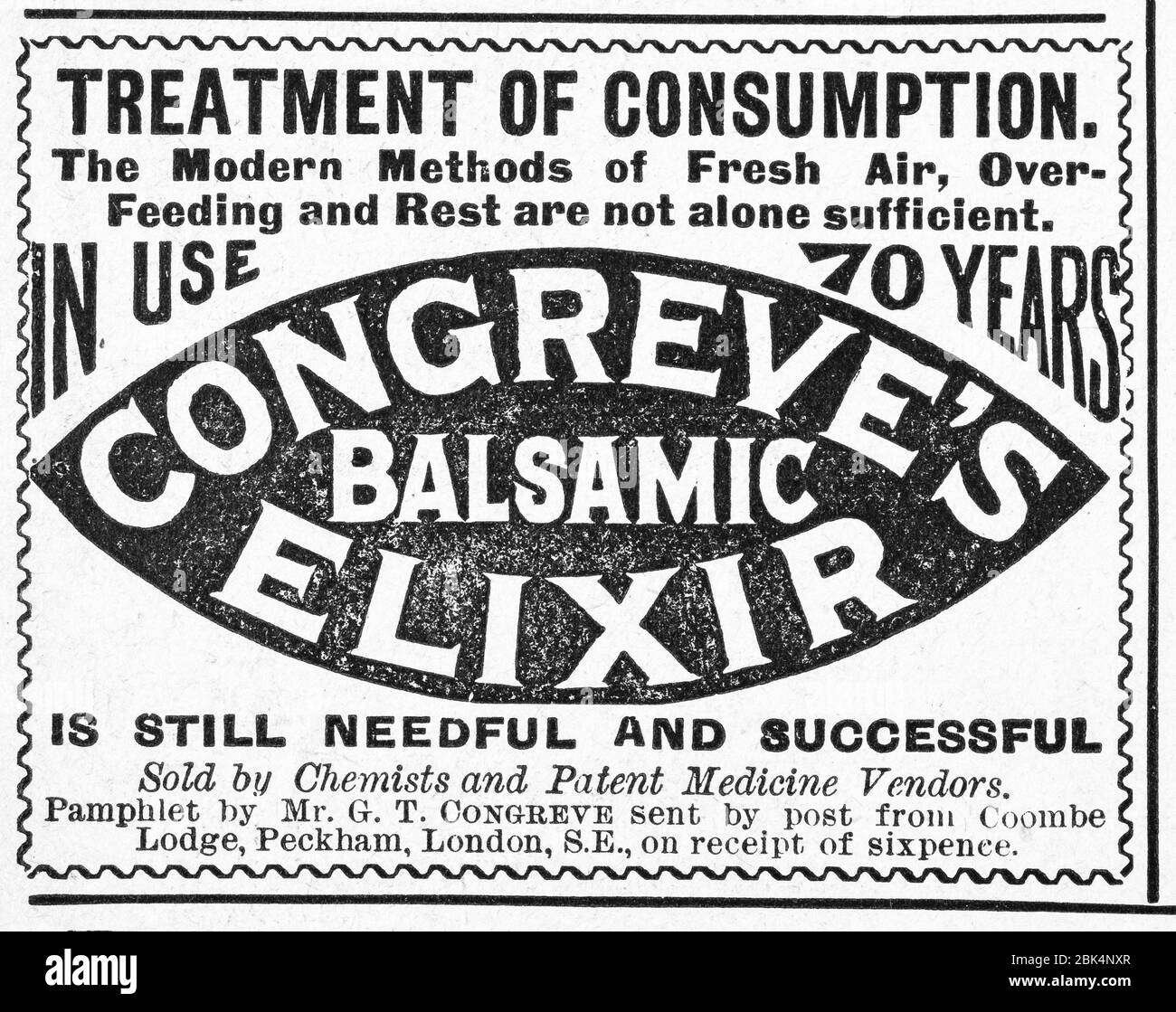 Publicité de médecine ancienne du début des années 1900, avant l'aube des normes de publicité. Histoire de la publicité, de vieilles publicités, de la publicité médicale, de l'huile de serpent. Banque D'Images