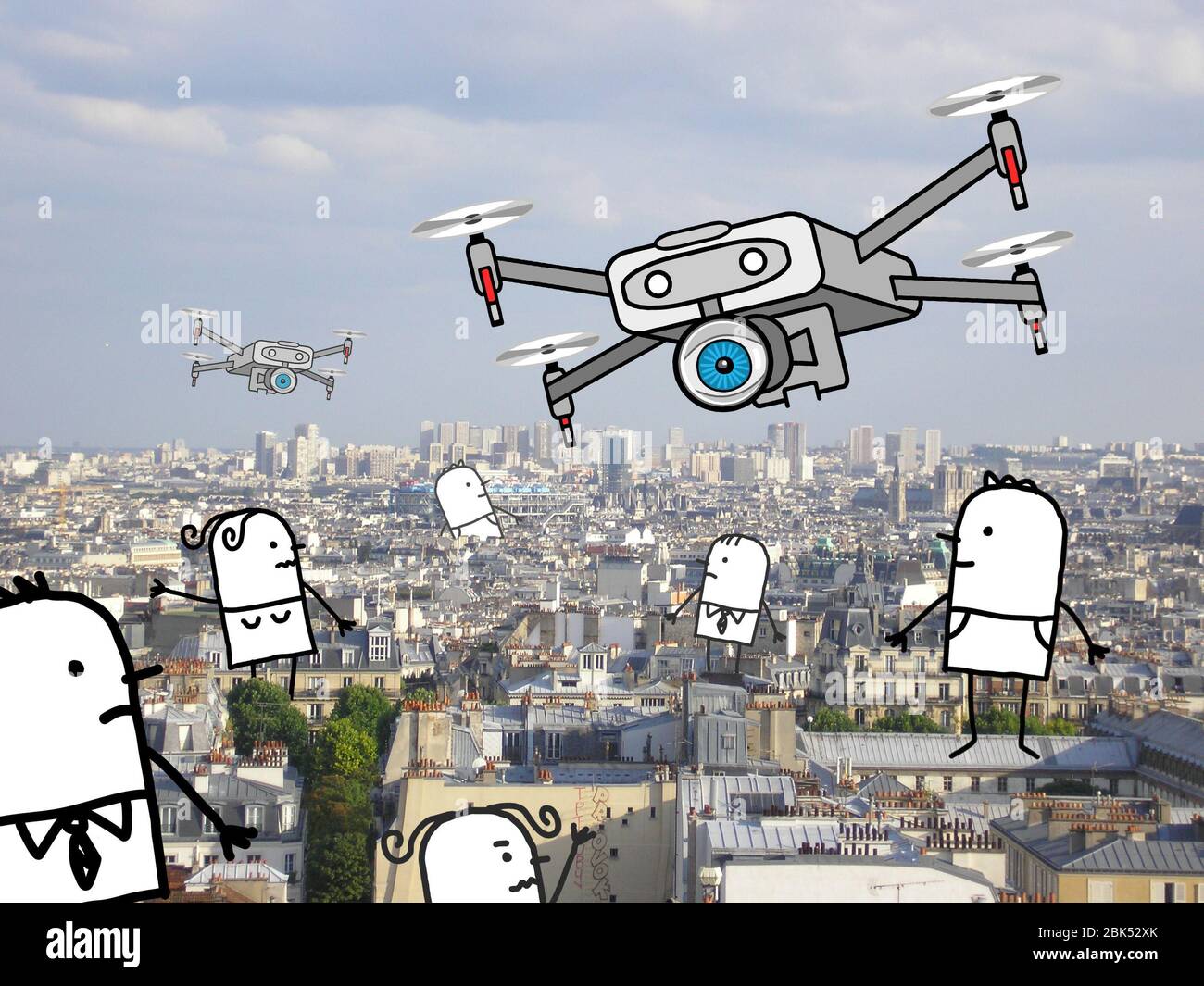 Dessin à la main les gens de dessin de dessin de dessin de drones avec grand oeil, survolant une grande photo de ville Banque D'Images