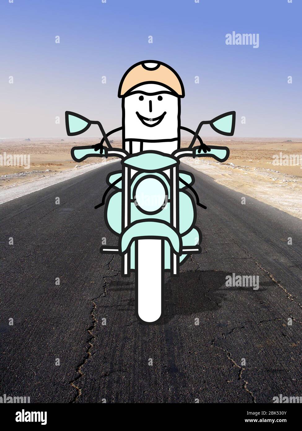 un pilote de moto dessinée à la main qui nous fait face, seul sur une photo de route du désert Banque D'Images
