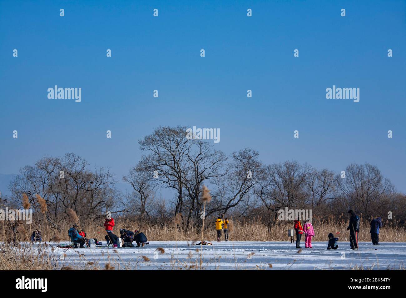Beaucoup de gens apprécient la pêche sur glace au lac Uiamho, Chuncheon-si, Corée Banque D'Images