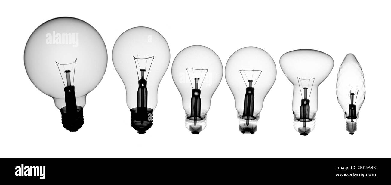 Ampoules de forme différente dans une rangée, rayons X. Banque D'Images