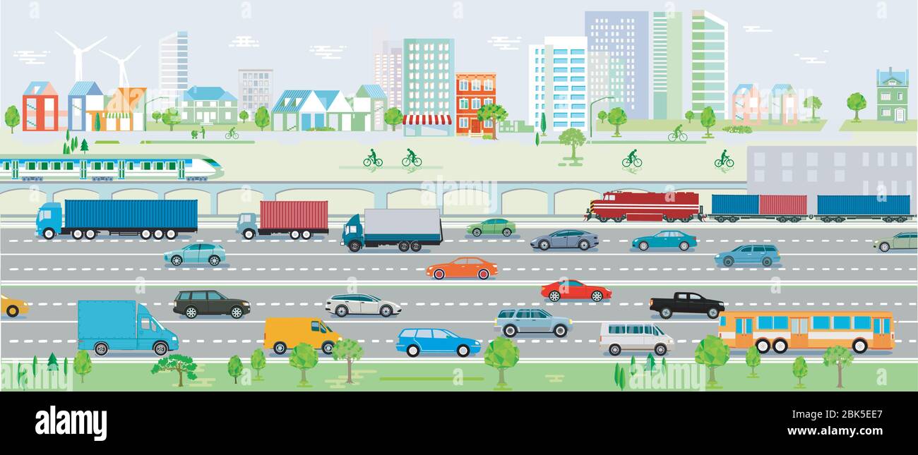 Autoroute, trafic avec les voitures et voie ferrée Vektor Illustration Illustration de Vecteur