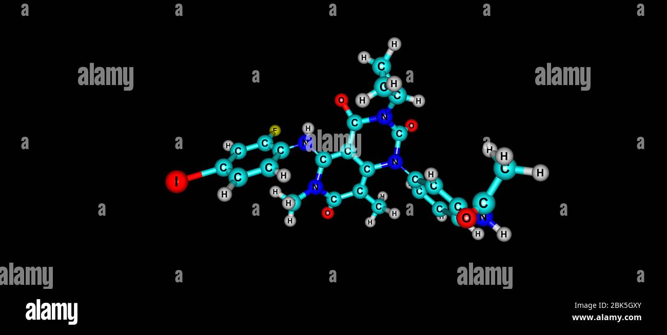 Le tramétinib est un médicament contre le cancer. Il s'agit d'un inhibiteur de MEK avec une activité anti-cancer. illustration 3d Banque D'Images