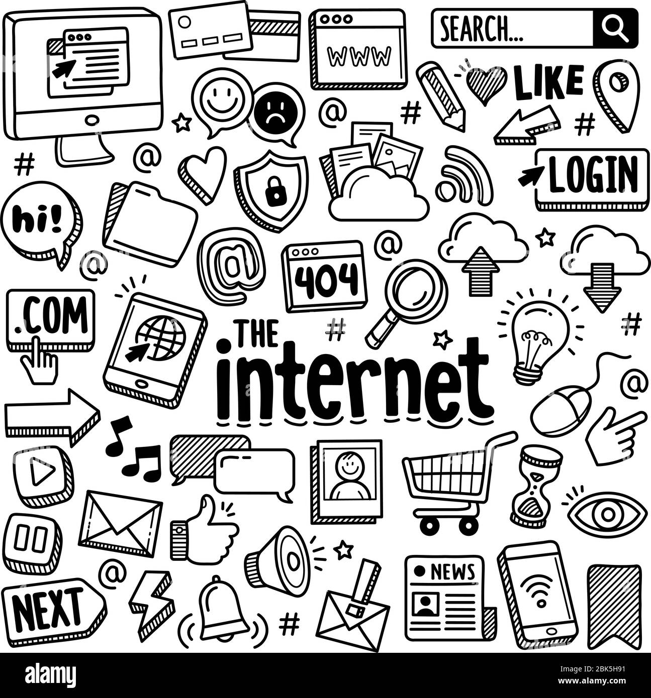 Ensemble d'éléments de dessin vectoriel liés à Internet et au Web mondial. Jeu de symboles et d'icônes Internet dessinés à la main. Illustration de Vecteur