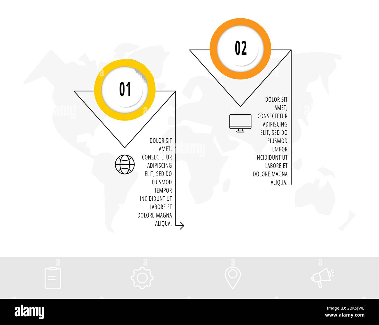 Diagramme de travail avec 2 éléments circulaires avec flèches. Concept vectoriel à plat de deux options d'entreprise à choisir. Infographies conception moderne pour le flux Illustration de Vecteur