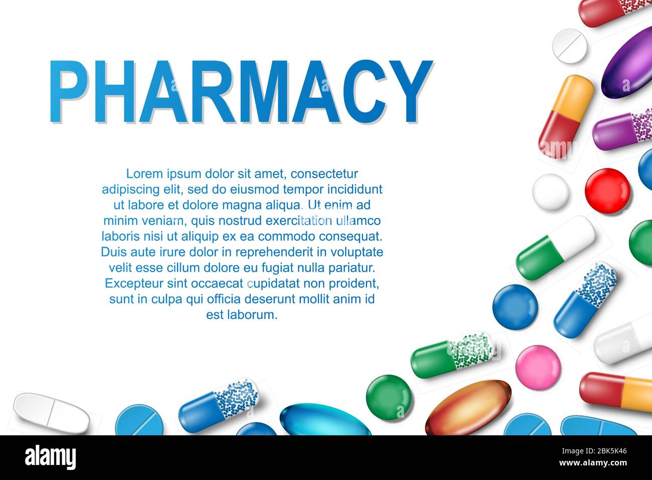 Bannière médicale avec pilules et fond de capsule. Affiche de pharmacie avec capsules analgésiques, vitamines et médicaments. Illustration vectorielle Illustration de Vecteur