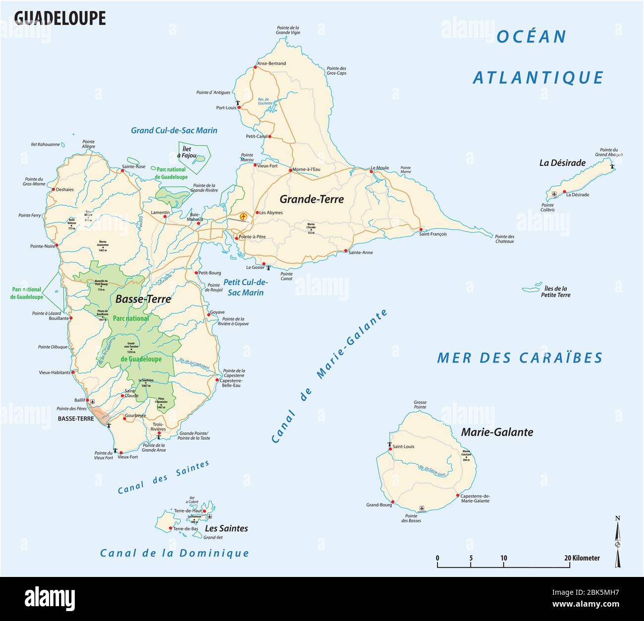 Carte routière vectorielle du territoire français d'outre-mer de Guadeloupe Illustration de Vecteur