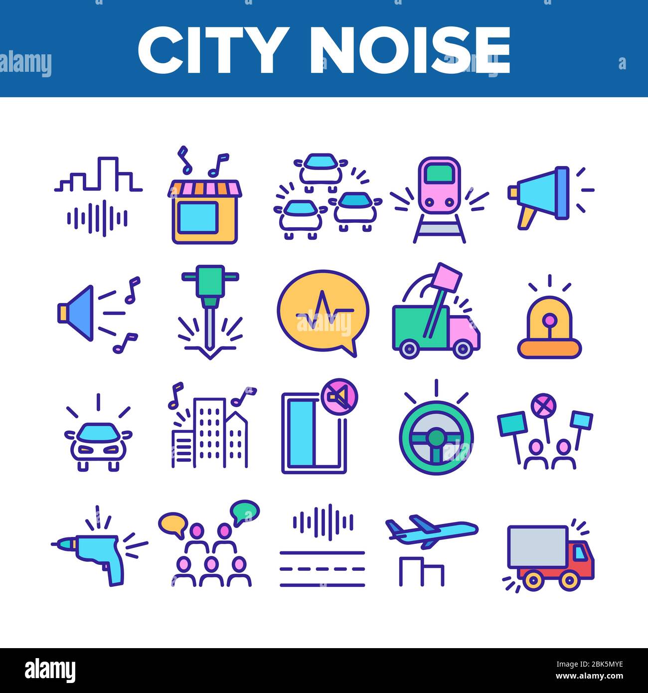 Les icônes de la collection bruit et sons de la ville définissent le vecteur Illustration de Vecteur
