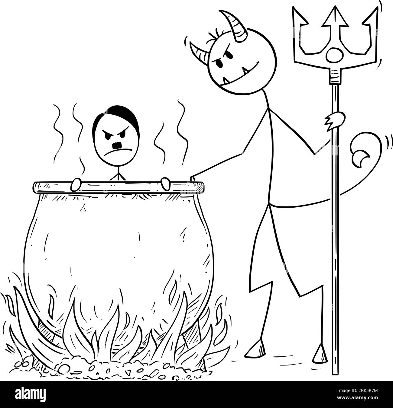 Dessin de dessin de dessin de dessin de dessin de dessin de dessin conceptuel de l'allemand pécheur troisième Reich nazi Adolf Hitler bouilli dans le chaudron en enfer, gardée par le mal. Illustration de Vecteur