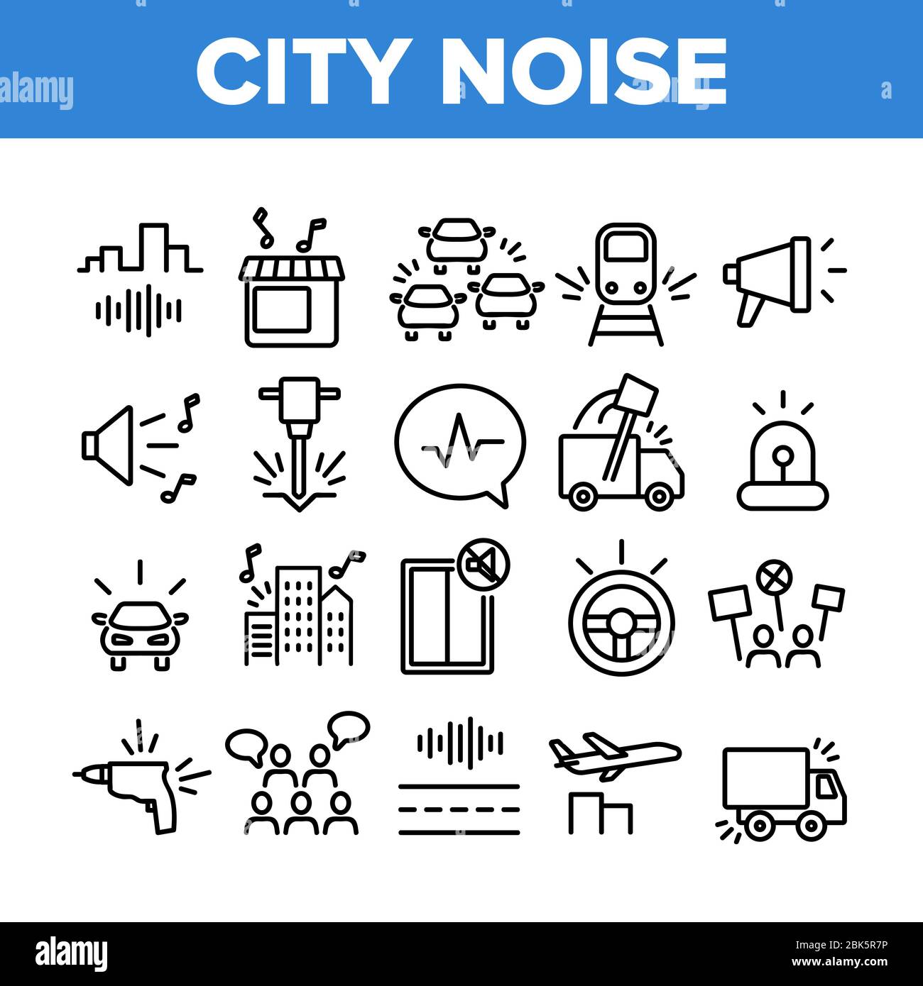 Les icônes de la collection bruit et sons de la ville définissent le vecteur Illustration de Vecteur