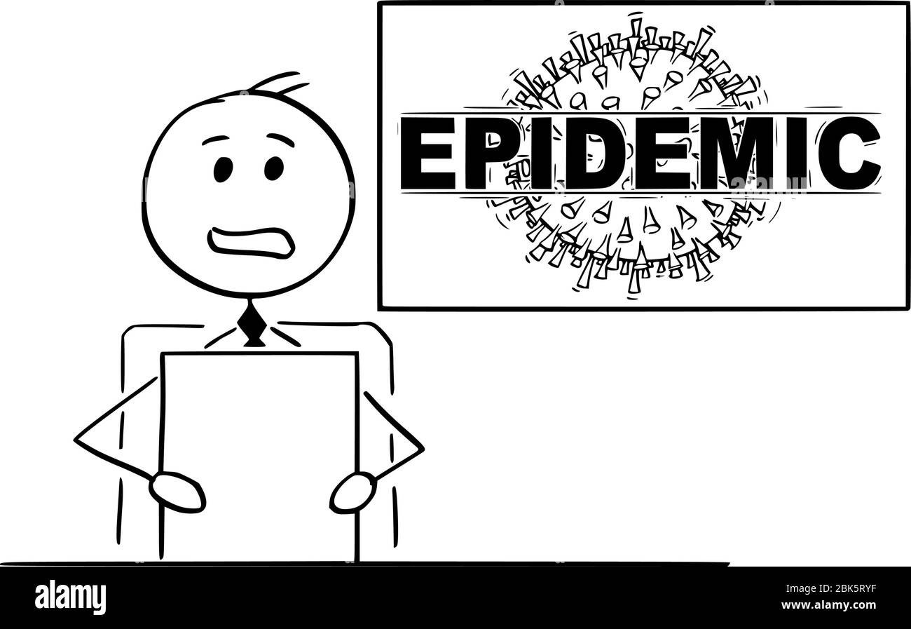 Dessin de dessin de dessin de dessin de dessin de dessin de dessin de dessin conceptuel de newscaster ou de newsreader dans le studio de télévision parler de coronavirus COVID-19 maladie épidémique. Illustration de Vecteur