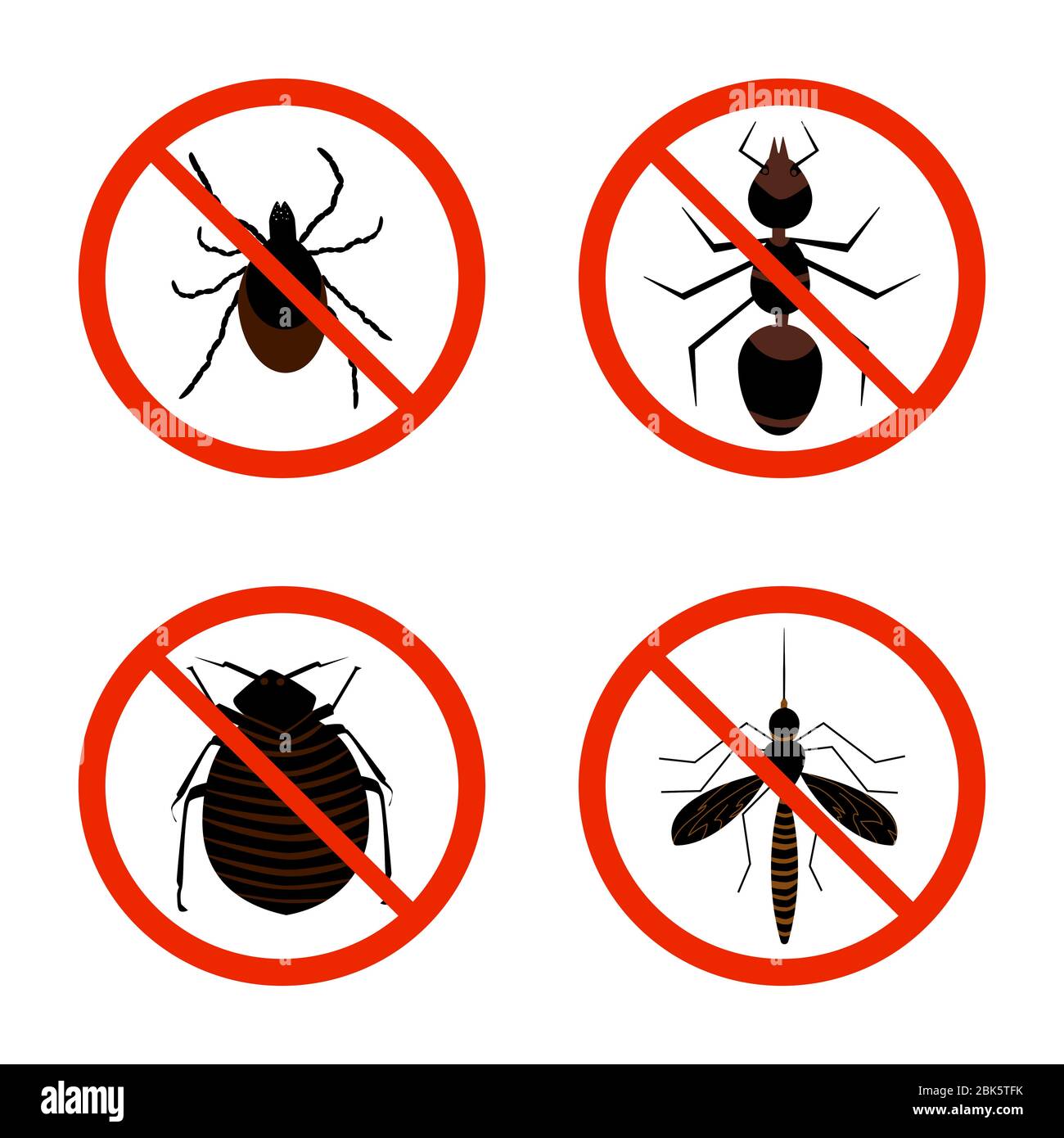 Icône de jeu d'insectes nuisibles. Collecte de signes d'avertissement rouges avec des parasites, des tiques, des fourmis, des puces et des moustiques. Emblème anti-insectes ou anti-parasites.Vector Illustration de Vecteur