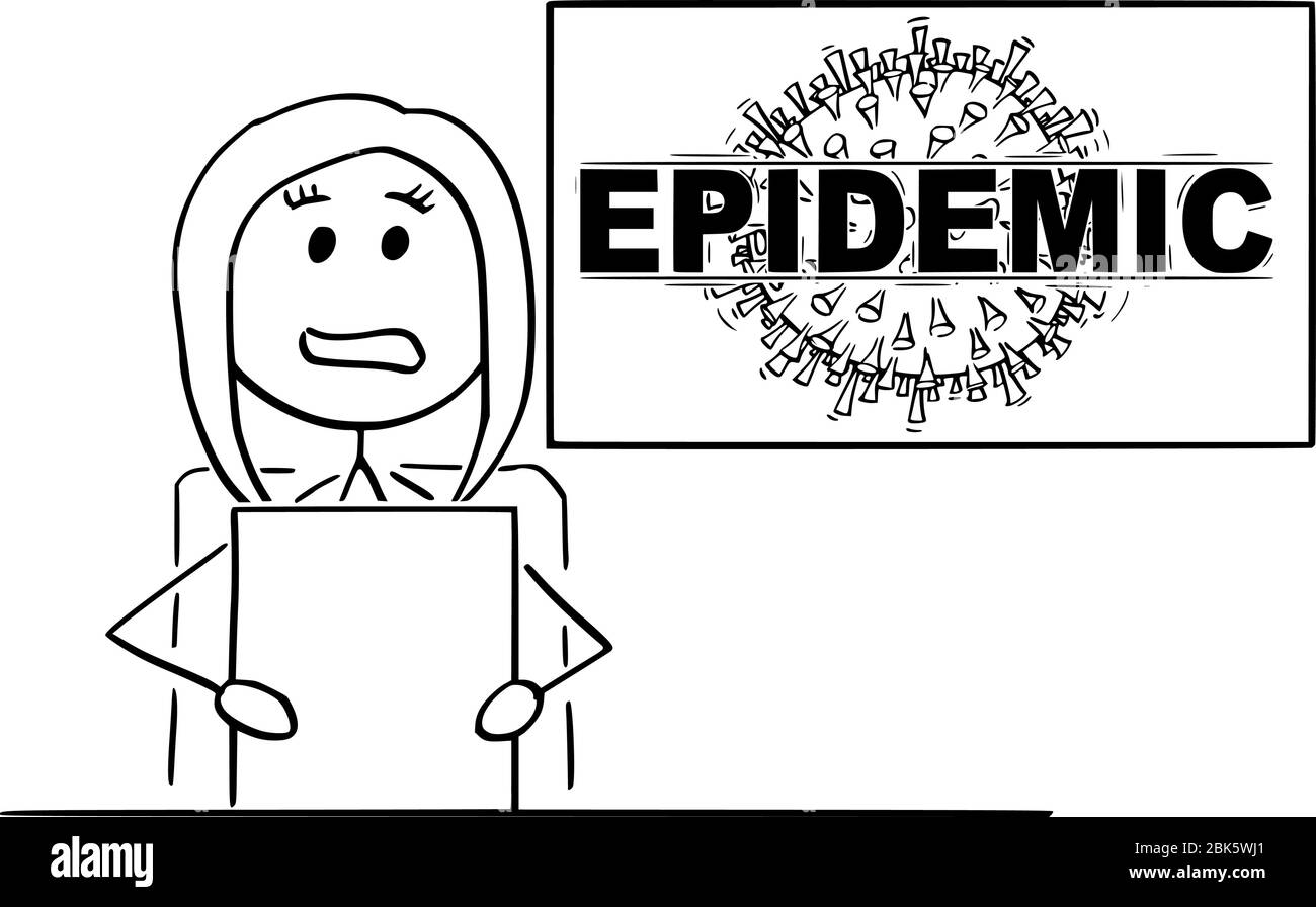 Dessin de dessin de dessin de dessin de dessin de dessin de dessin de dessin conceptuel de femmes newsscaster ou newsreader dans le studio de télévision parler de coronavirus COVID-19 maladie épidémique. Illustration de Vecteur