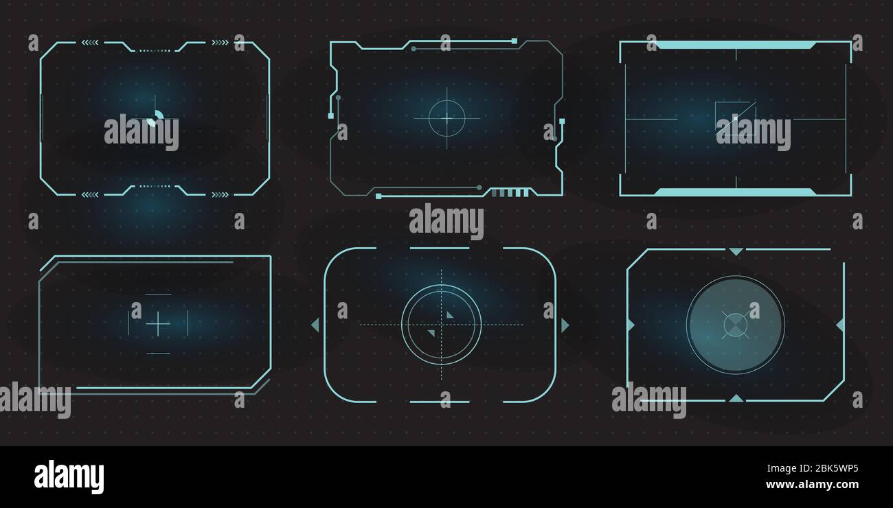 Cadres HUD futuristes pour écran cible et panneau de commande de réglage de la bordure. Ensemble d'éléments d'écran de l'interface utilisateur Sci Fi pour l'interface utilisateur de Gaming UX. Illustration de Vecteur