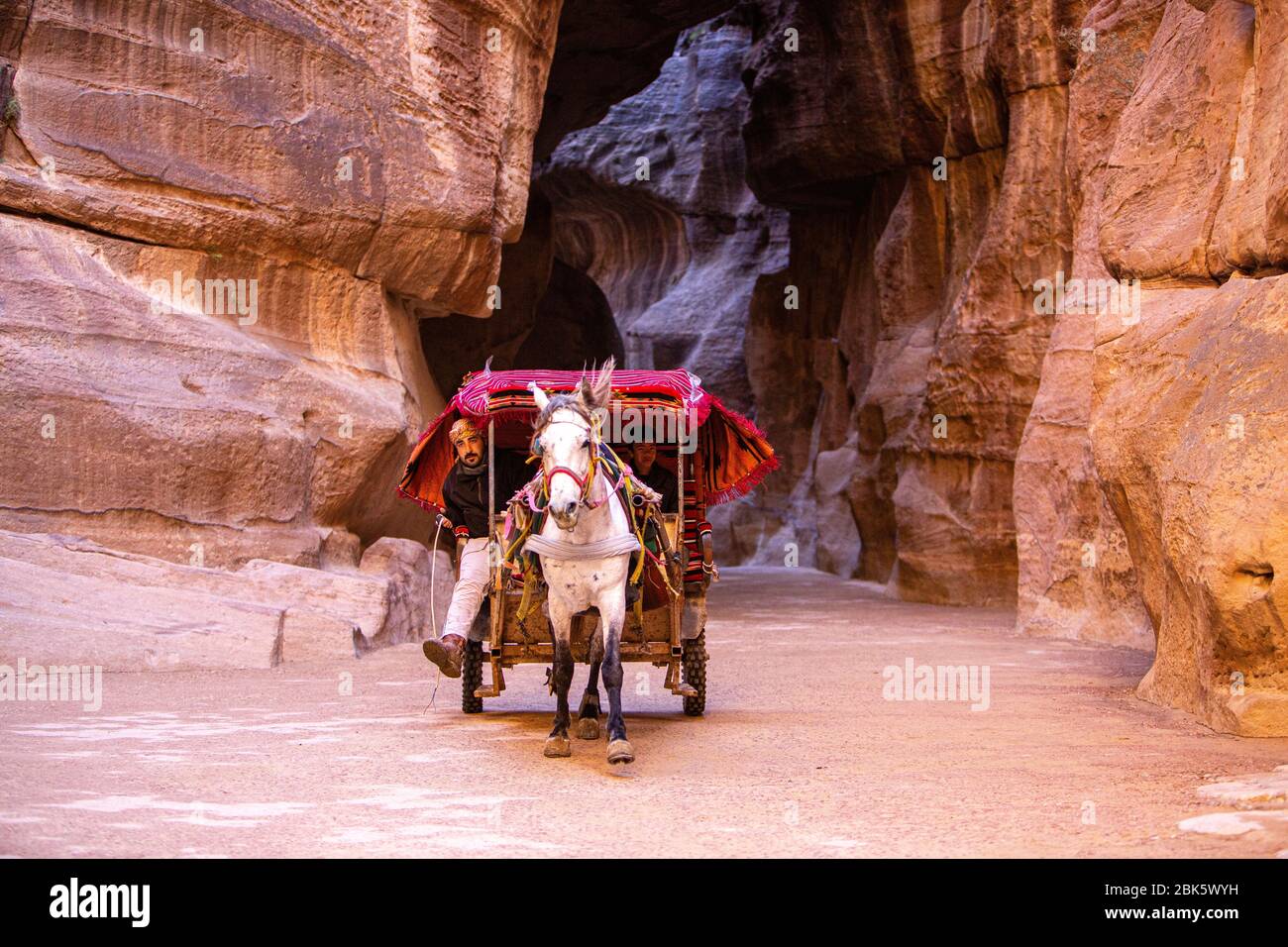 Calèches tirées par des chevaux dans le Siq Slot Canyon à la ville de Petra, en Jordanie Banque D'Images