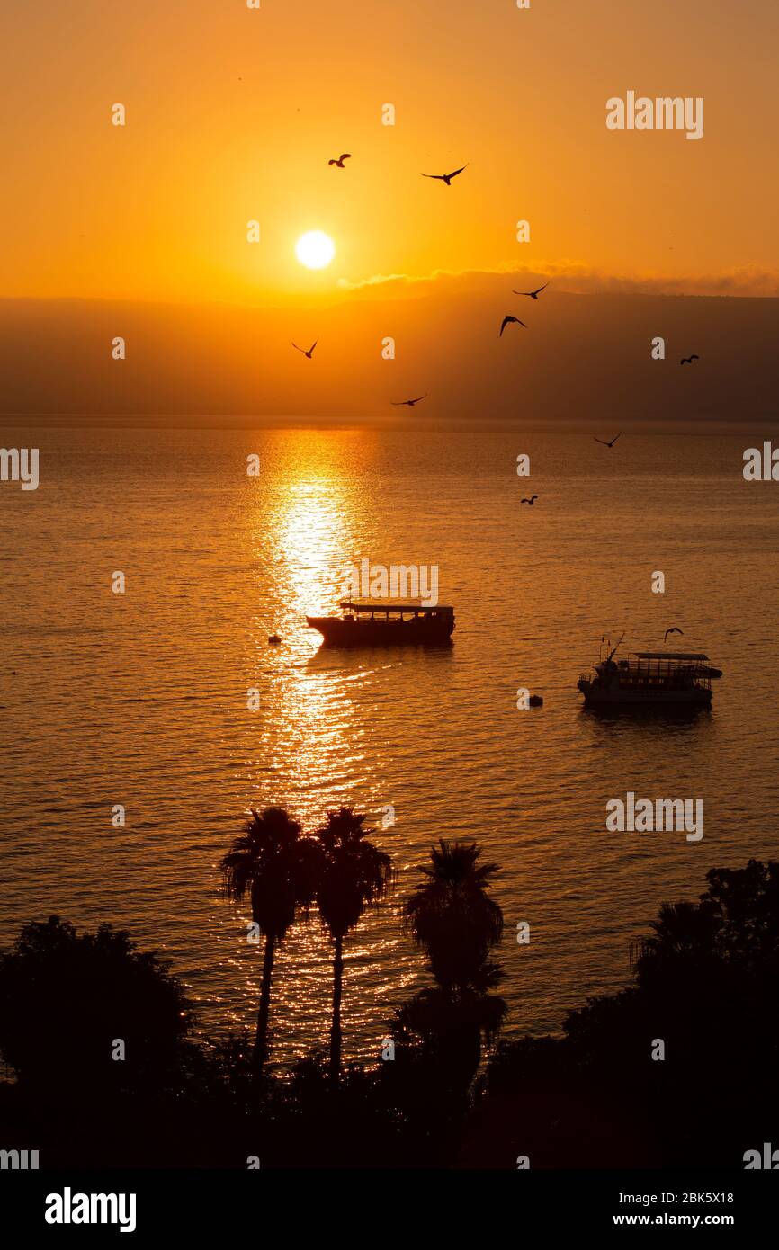Lever de soleil sur la mer de Galilée, lac Tibériade, Israël Banque D'Images