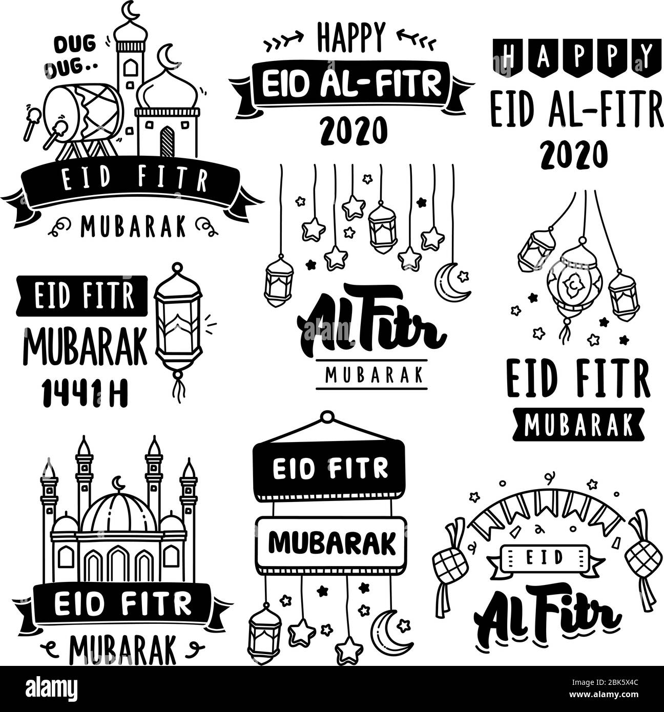 Ensemble d'éléments de dessin vectoriel pour célébrer Eid Fitr. Ensemble de cartes de vœux dessinées à la main et motif pour le festival musulman Saint Eid ul-Fitr. Illustration de Vecteur