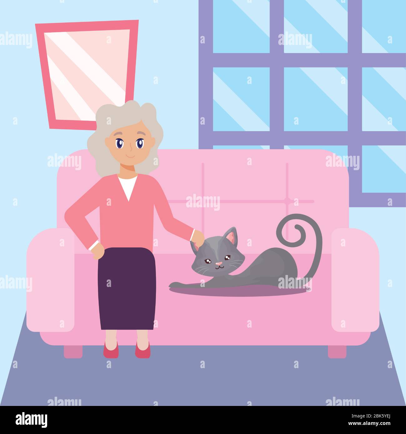 Femme Agee Dans Le Salon Avec Un Dessin Vectoriel De Chat Image Vectorielle Stock Alamy