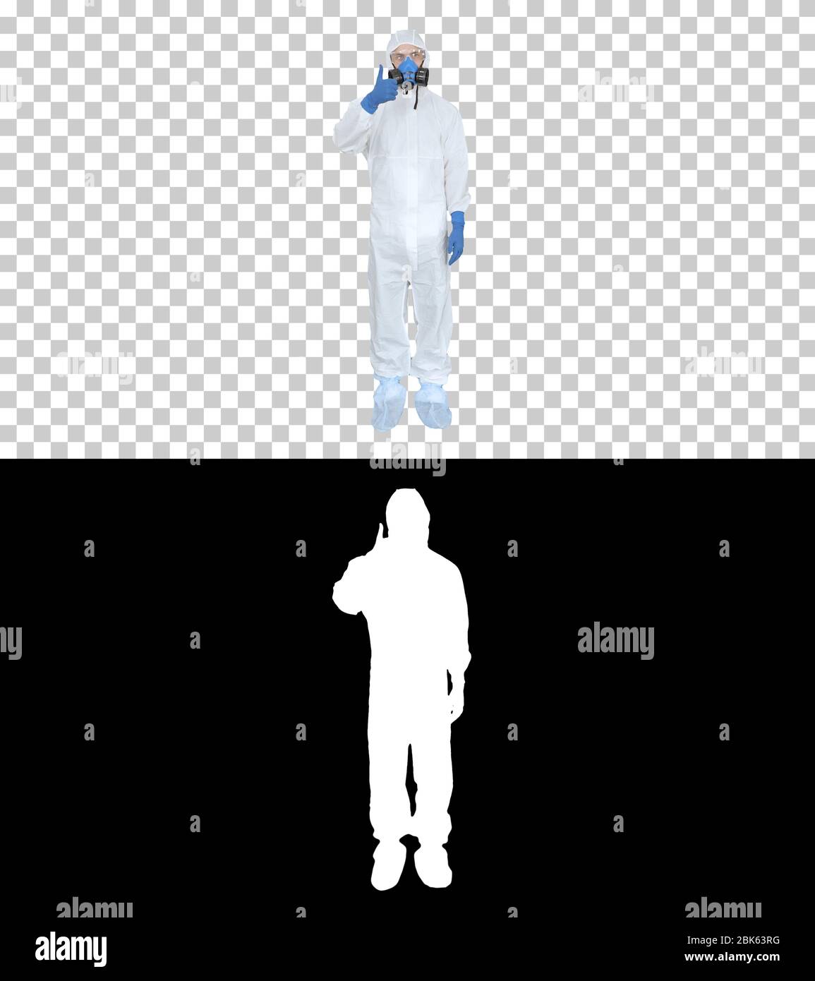 Homme en costume de protection, un masque et un respirateur Thumbs up, Alpha Channel Banque D'Images