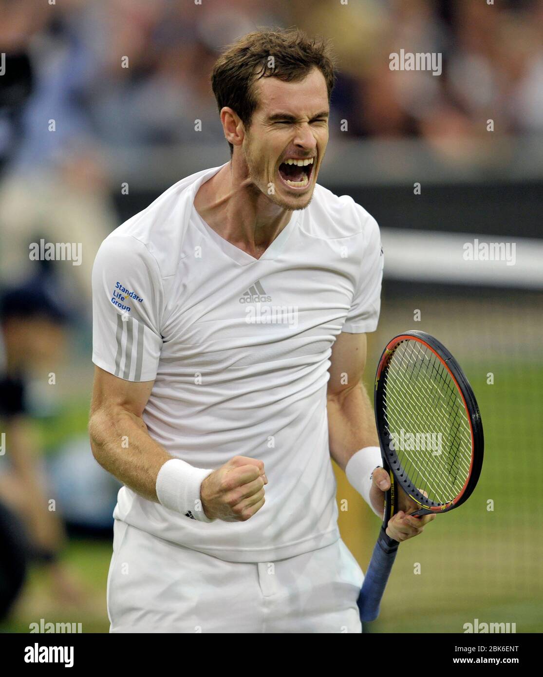 Tournoi de tennis de Wimbledon 2014, Wimbledon Londres. Andy Murray célèbre lors du quatrième match des célibataires pour les hommes contre Kevin Anderson (RSA) Banque D'Images