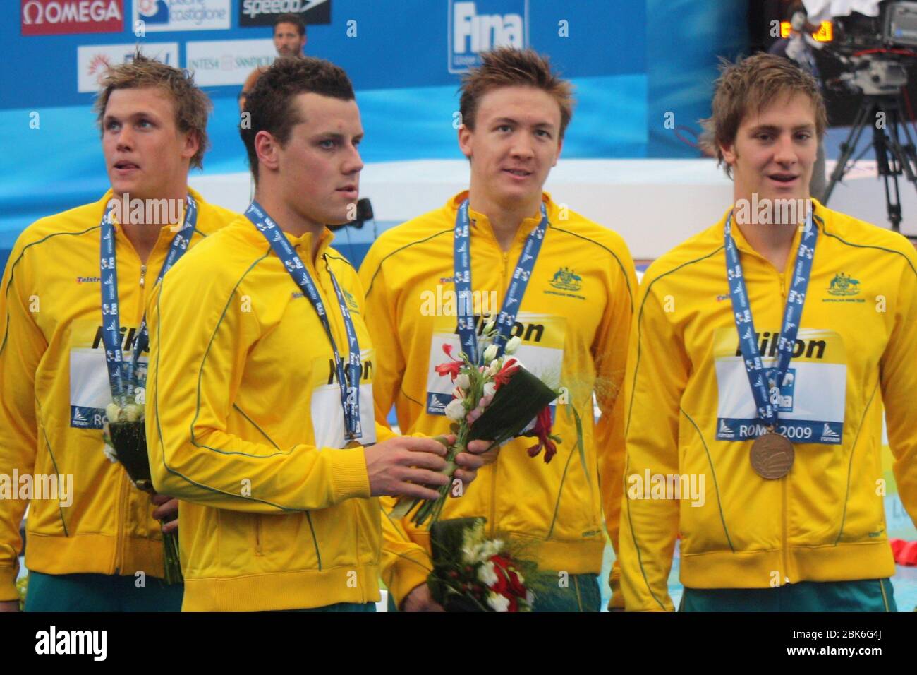 Kenrick Monk, Bobby Hurley, Tommaso d'Orsogna, Patrick Murphy d'Australie au Podium 4X200 M NL MenWorld Championship 2009, 2009 à Rome, Italie photo Laurent Lairys / DPPI Banque D'Images