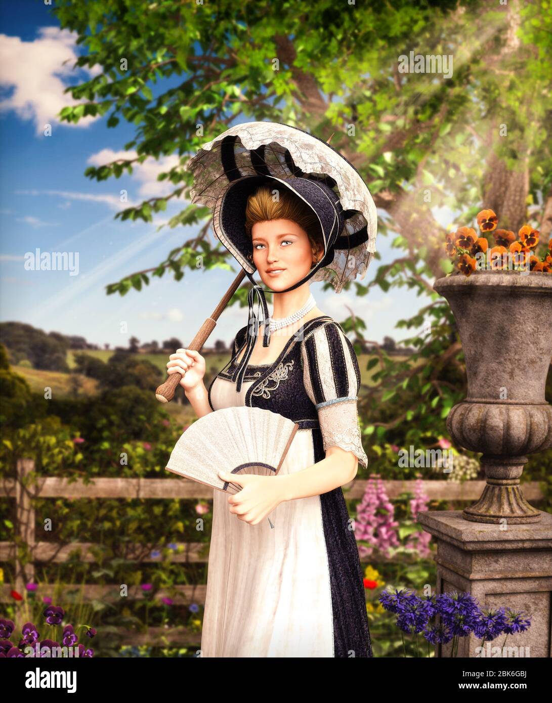 Portrait d'une élégante femme de style Jane Austen qui promenait le pays un jour d'été, robe de style Régence, rendu tridimensionnel Banque D'Images