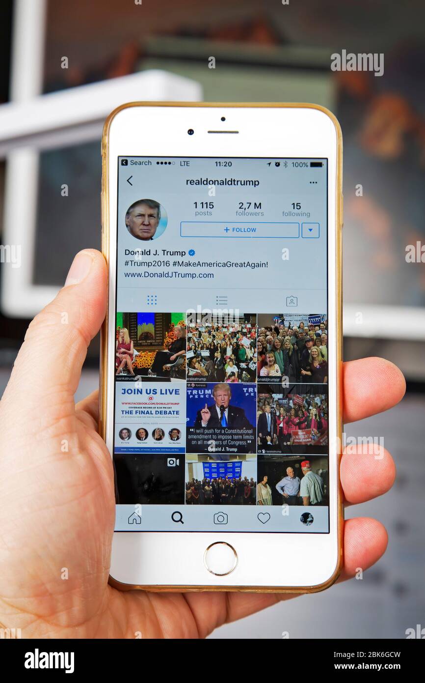 WROCLAW. POLOGNE- 20 octobre 2016 : le compte Instagram de Donald Trump sur iPhone 6 plus, Banque D'Images