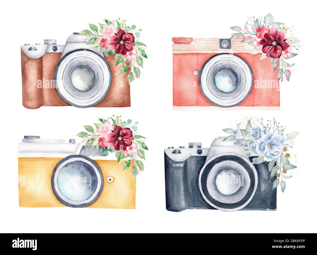 Jeu de couleurs d'eau d'anciens appareils photo et bouquets fleuris sur fond blanc. Illustration tirée à la main. Idéal pour le logo et le design de la photographie, gif Banque D'Images