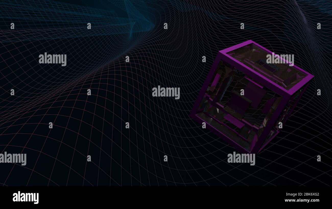 Structure cubique violette en rotation sur une grille ondulée colorée - illustration du rendu tridimensionnel Banque D'Images