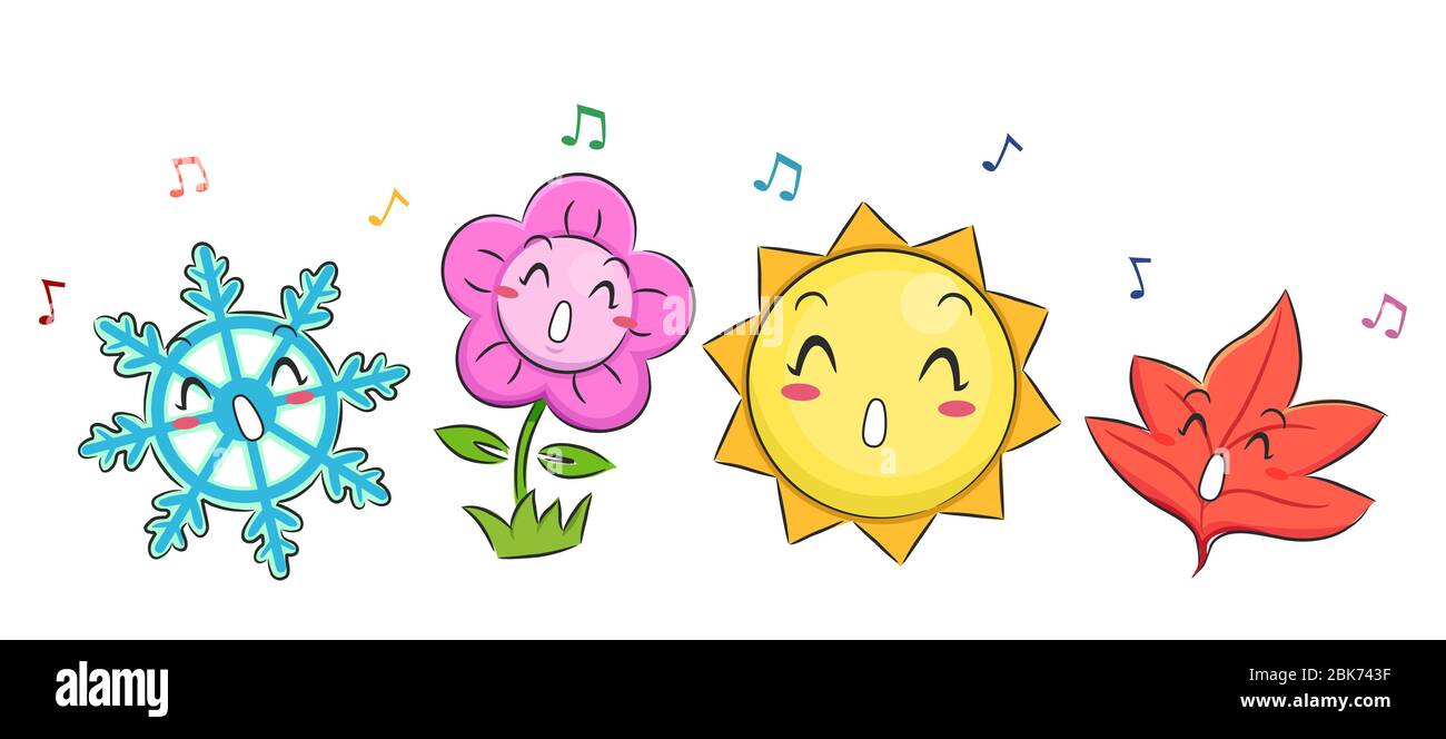 Illustration de four Seasons Mascot chantant une chanson de flocon de neige pour l'hiver, Flower pour le printemps, Sun pour l'été et Maple Leaf pour l'automne ou l'automne Banque D'Images