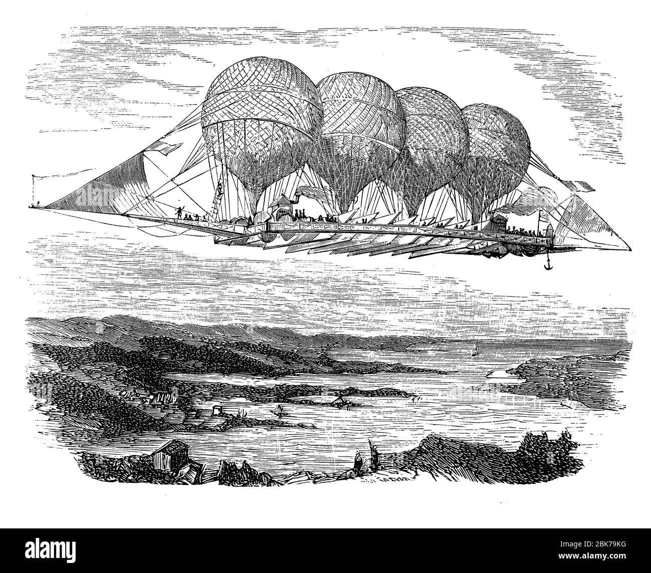 Monsier Petin le ballooniste français a conçu un avion de 160 yards tenu en altitude par quatre ballons avec une plate-forme et un système de direction, 1850 Banque D'Images