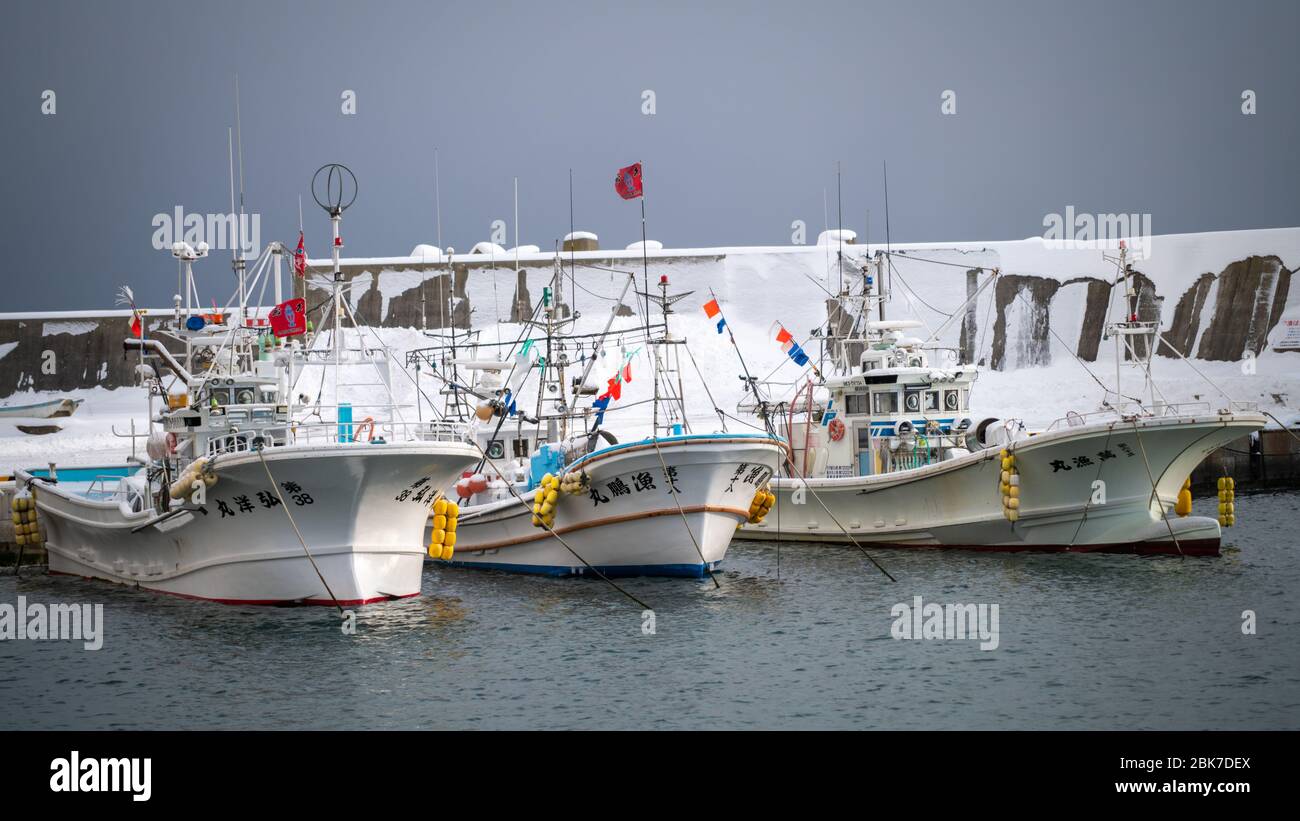 Chalutiers japonais à Harbour, Hokkaido, Japon Banque D'Images