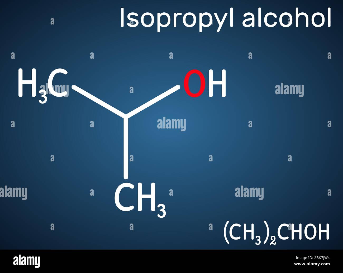 Alcool isopropylique, 2-propanol, isopropanol, molécule de CO 3-H8. Il est l'isomère de l'alcool propylique, utilisé comme antiseptique dans les désinfectants, les détergents. Structura Illustration de Vecteur