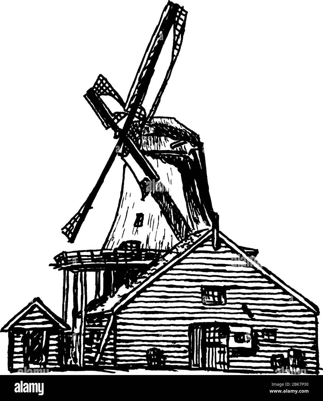 Dessin naturaliste et détaillé d'un moulin à vent - moulins à vent néerlandais dans le parc de moulins à vent de Kinderijk aux Pays-Bas - graphique vectoriel Illustration de Vecteur
