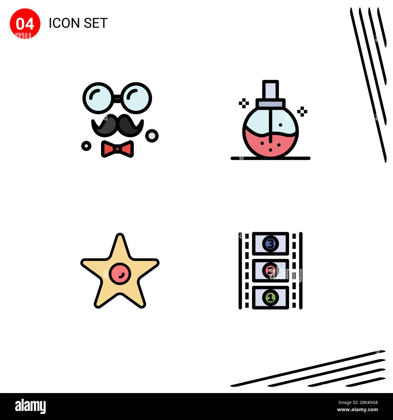 Groupe de 4 symboles et signes de couleurs plates de la ligne de liste