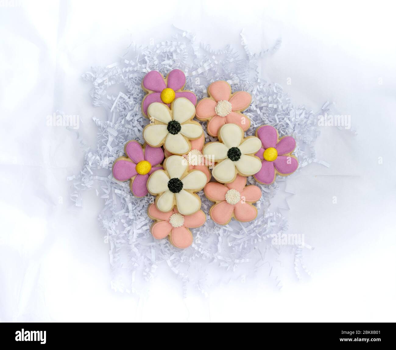 Cookies avec glacer en forme de fleurs., isolés sur fond blanc. Banque D'Images