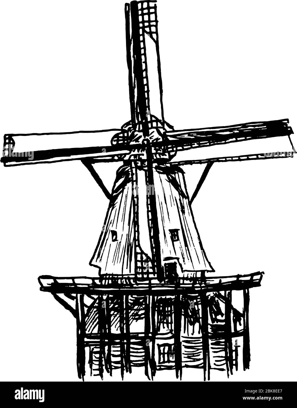 Dessin naturaliste et détaillé d'un moulin à vent - moulins à vent néerlandais dans le parc de moulins à vent de Kinderijk aux Pays-Bas - graphique vectoriel Illustration de Vecteur